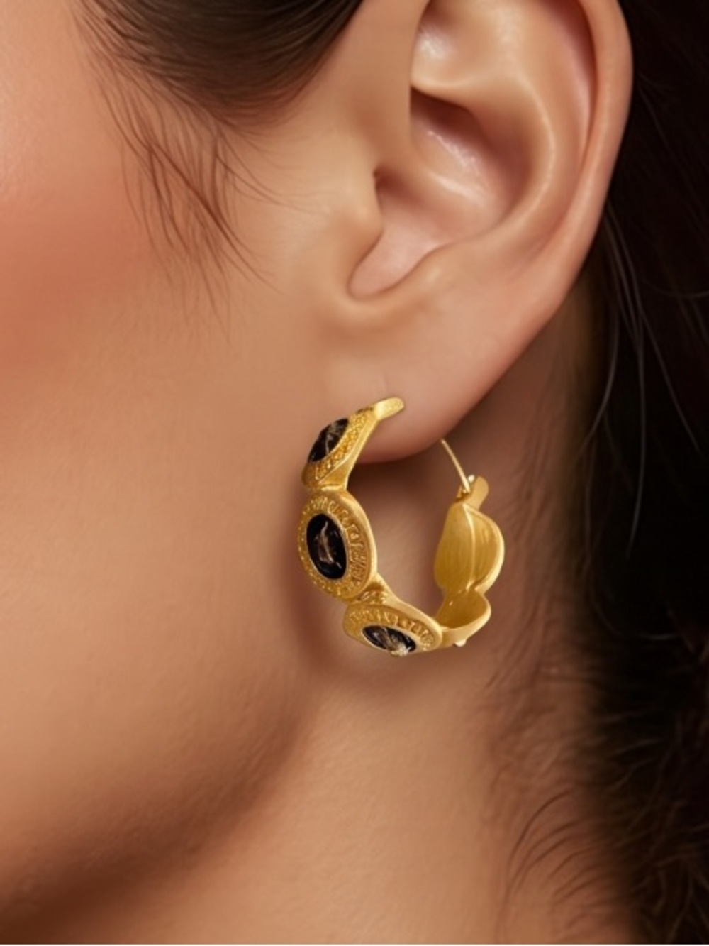 Fashion Jewelry Gold Hoop Earrings with Black Medallion Accents